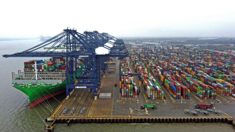 UK–EU Trade Statistics 2026: Exports, Imports and Post-Brexit Trends Container shipping terminal and lorries handling UK–EU freight at a major UK port. UK-EU trade statistics 2026